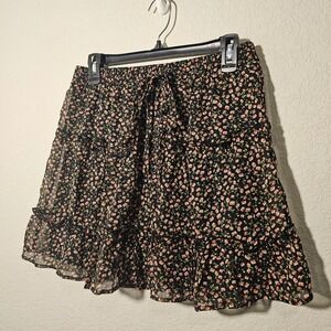 NWT Sienna Sky Black Ditsy Floral Tiered Mini Skirt Waist Ruffle Cottage Fairy M